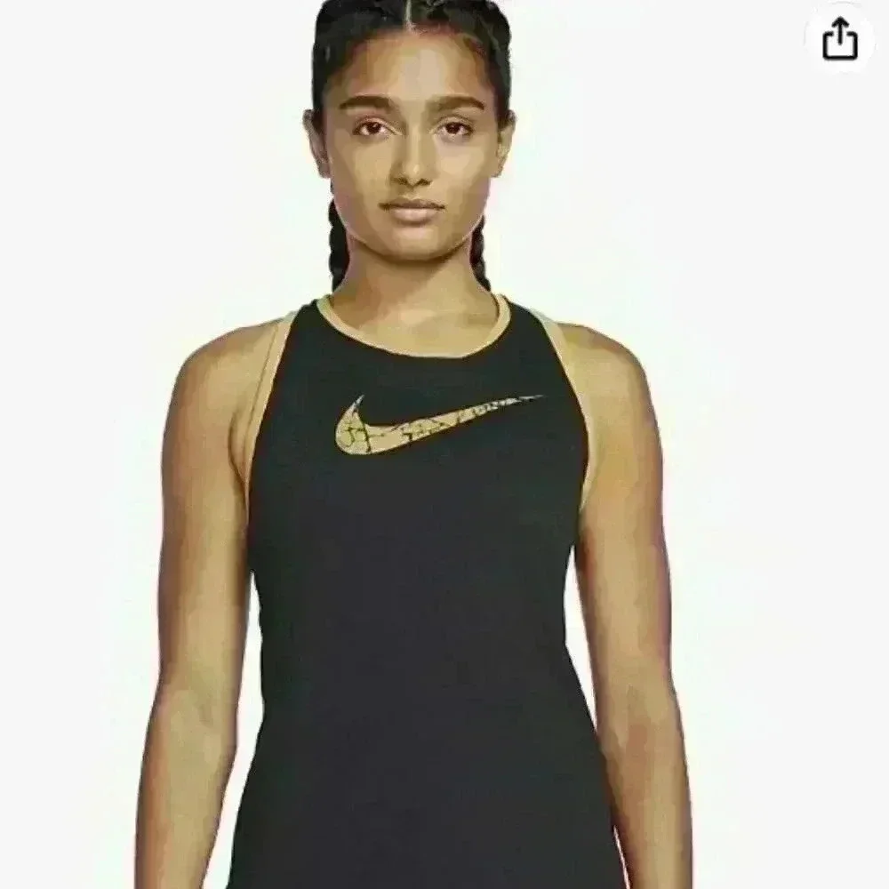 Nike Dri-FIT Womens Tank Top Black Gold Metallic Swoosh High Neck Racerback S